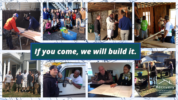 Build it fundraiser banner with images of people building recovery housing