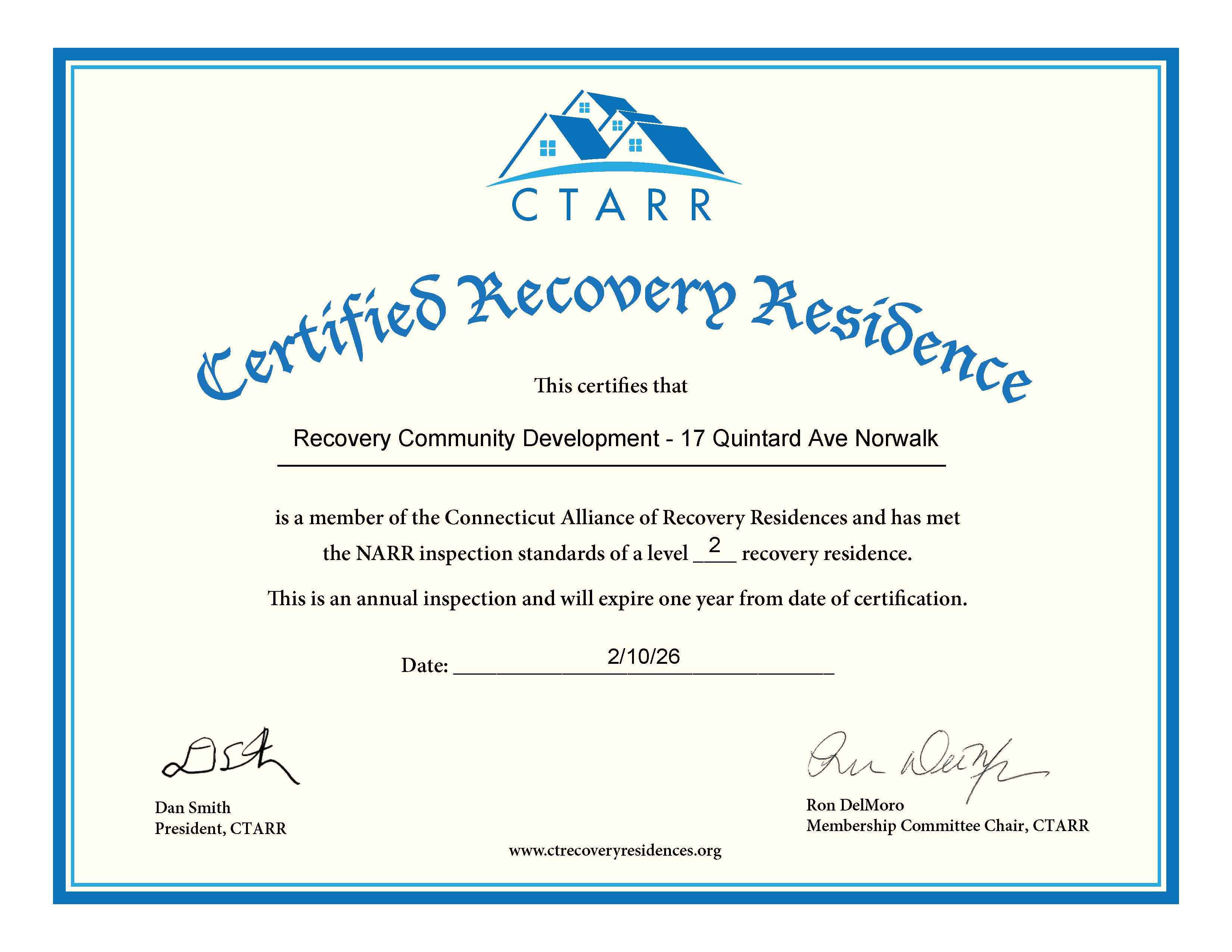 CTARR Harbor House 2026 Certificate